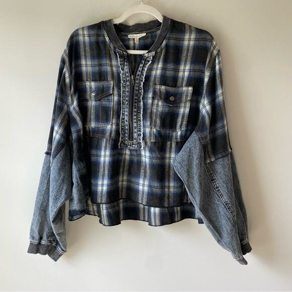 NWT Promesa Rustic Soul Denim and Plaid Half-Zip Top Black Sz XL Boho Western - Picture 1 of 14